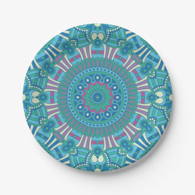 Rustic Bohemian Geometric Mandala Blue Purple Paper Plates (Front)