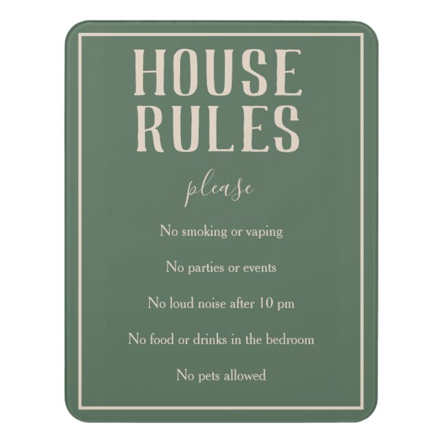 Rustic Bohemian Green House Rules Guest Sign (Contemporary Vert)