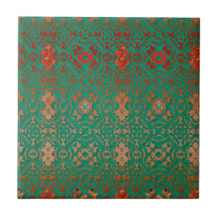 Rustic Bohemian Jade and Red Pattern Ceramic Tile