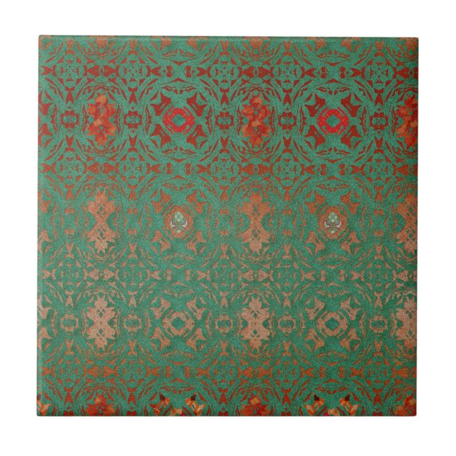Rustic Bohemian Jade and Red Pattern Ceramic Tile (Front)
