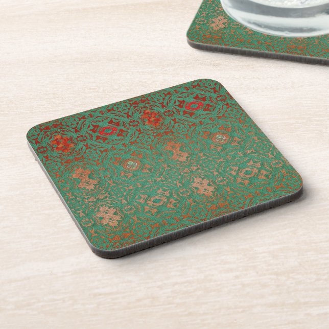 Rustic Bohemian Jade and Red Pattern Drink Coaster (Left Side)
