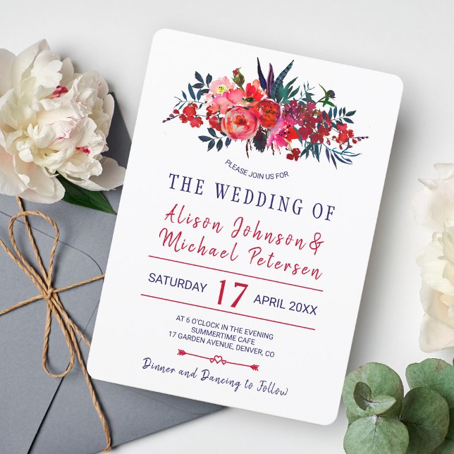 Rustic bohemian red navy floral wedding invite (Creator Uploaded)