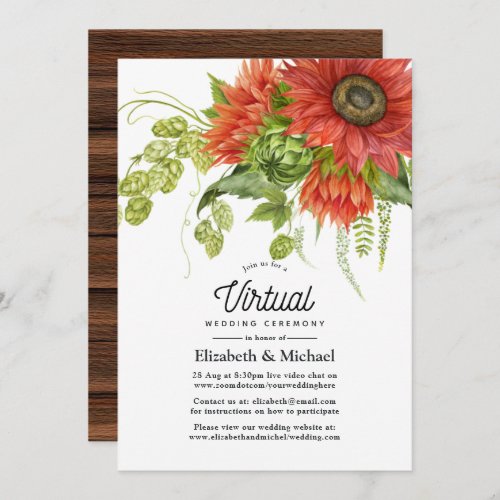 Rustic Bohemian Red Sunflowers Virtual Wedding Invitation