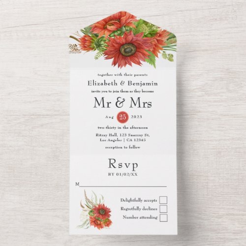 Rustic Bohemian Red Sunflowers Wedding All In One  All In One Invitation