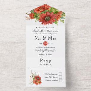 Rustic Bohemian Red Sunflowers Wedding All In One  Invitation