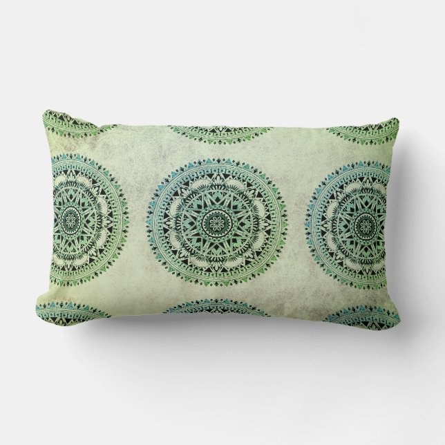 Rustic Bohemian Sage And Green Mandala Pattern Lumbar Pillow (Front)