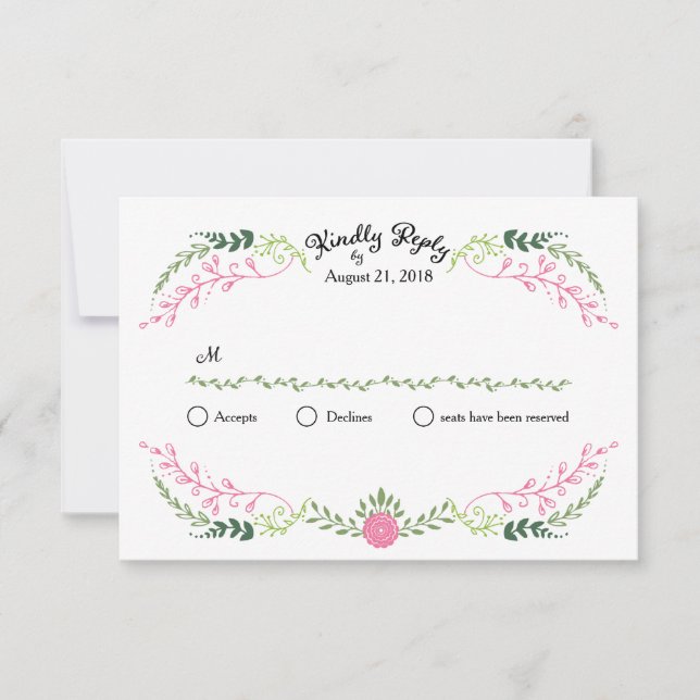 Rustic Bohemian Spring Foliage Wreath Wedding RSVP Card (Front)
