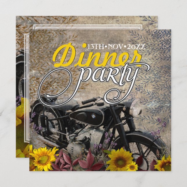 Rustic Bohemian Sunflower Motorbike Dinner Party Invitation (Front/Back)