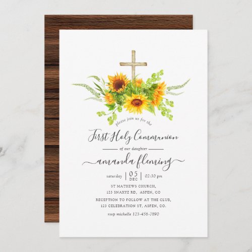 Rustic Bohemian Sunflowers Holy Communion Invitation