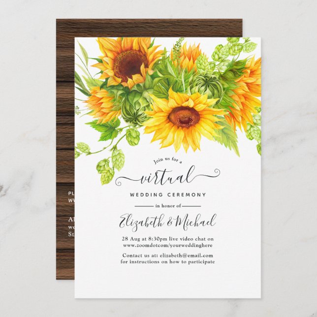 Rustic Bohemian Sunflowers Online Virtual Wedding Invitation (Front/Back)