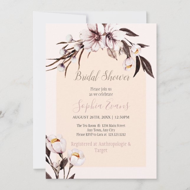 Rustic Bohemian White & Cream Floral Bridal Shower Invitation (Front)