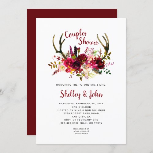 Rustic Boho Antler Burgundy Floral Couples Shower Invitation