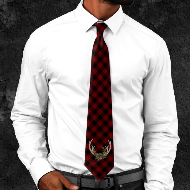 Rustic Boho Antlers Floral Buffalo Red Black Plaid Neck Tie (Creator Uploaded)
