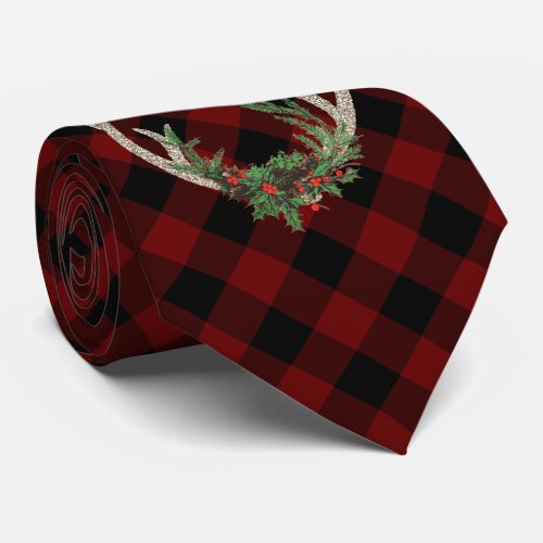 Rustic Boho Antlers Floral Buffalo Red Black Plaid Neck Tie