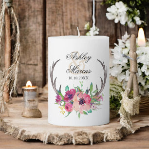 Rustic Boho Antlers Floral Wedding Pillar Candle