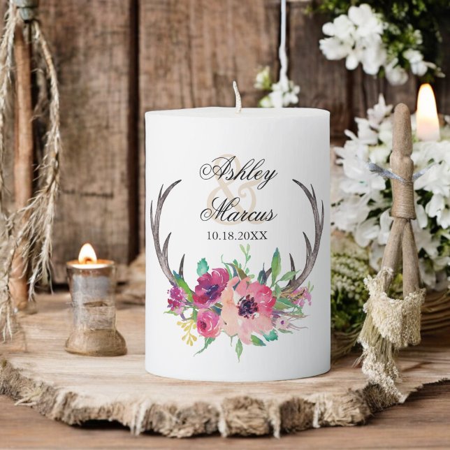 Rustic Boho Antlers Floral Wedding Pillar Candle (Personalize with the bride and groom's name.)