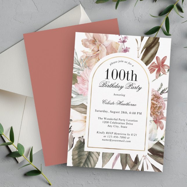 Rustic Boho Arch Frame Floral 100th Birthday Party Invitation (Creator Uploaded)