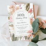 Rustic Boho Arch Frame Floral 80th Birthday Party Invitation<br><div class="desc">Celebrate an important milestone birthday with this wonderfully beautiful rustic boho watercolor floral 80th birthday party invitation. It has a sumptuous neutral color palette in beige, green, peach, and tinges of pink and terracotta. A beautiful arched frame with gold accent adds elegance to the design. The back of the invitation...</div>