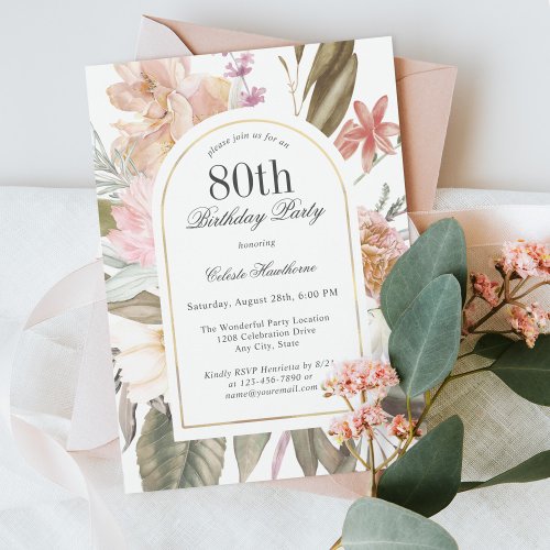 Rustic Boho Arch Frame Floral 80th Birthday Party Invitation