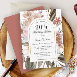 Rustic Boho Arch Frame Floral 90th Birthday Party Invitation<br><div class="desc">Celebrate this important milestone birthday with this wonderfully beautiful rustic boho watercolor floral 90th birthday party invitation. It has a sumptuous neutral color palette in beige, green, peach, and tinges of pink and terracotta. A beautiful arched frame with gold accent adds elegance to the design. The back of the invitation...</div>