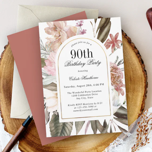 Rustic Boho Arch Frame Floral 90th Birthday Party Invitation | Zazzle