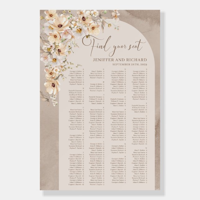 Rustic boho arch neutral tan alphabetical seating foam board (Front)