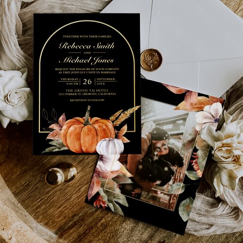 Rustic Boho Arch Pumpkin Photo Black Wedding Gold Foil Invitation
