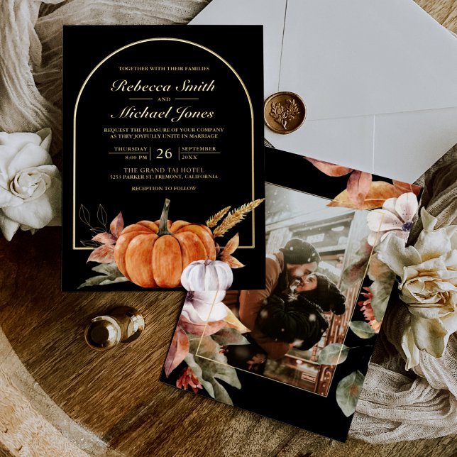Rustic Boho Arch Pumpkin Photo Black Wedding Gold Foil Invitation (Creator Uploaded)