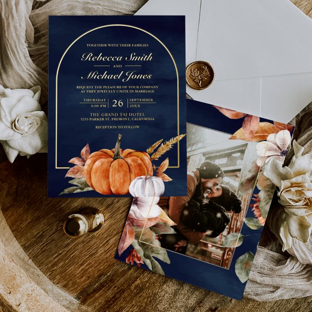 Rustic Boho Arch Pumpkin Photo Navy Wedding Gold Foil Invitation (Creator Uploaded)