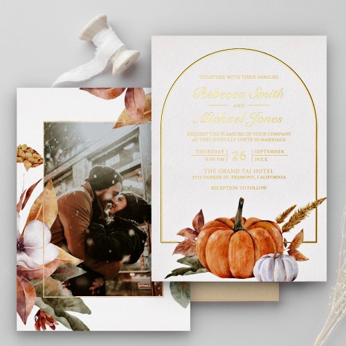 Rustic Boho Arch Pumpkin Photo Wedding Gold Foil Invitation