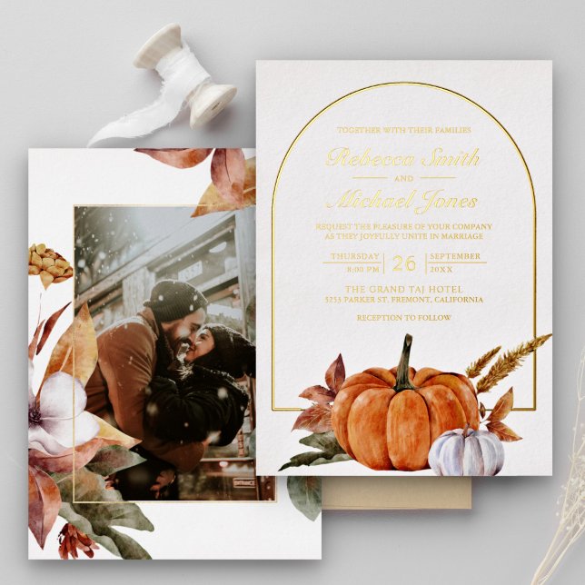 Rustic Boho Arch Pumpkin Photo Wedding Gold Foil Invitation (Creator Uploaded)