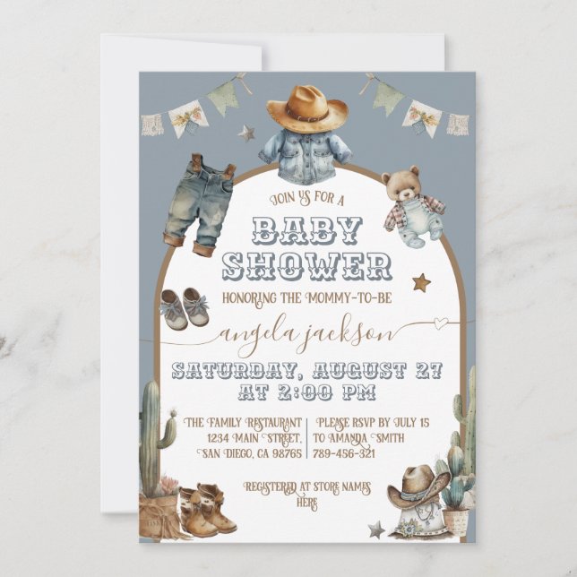 Rustic Boho arch Wild West Blue Boy Baby Shower Invitation (Front)