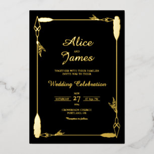 Rustic Boho Arrow Elegant Black Gold Foil Wedding Invitation