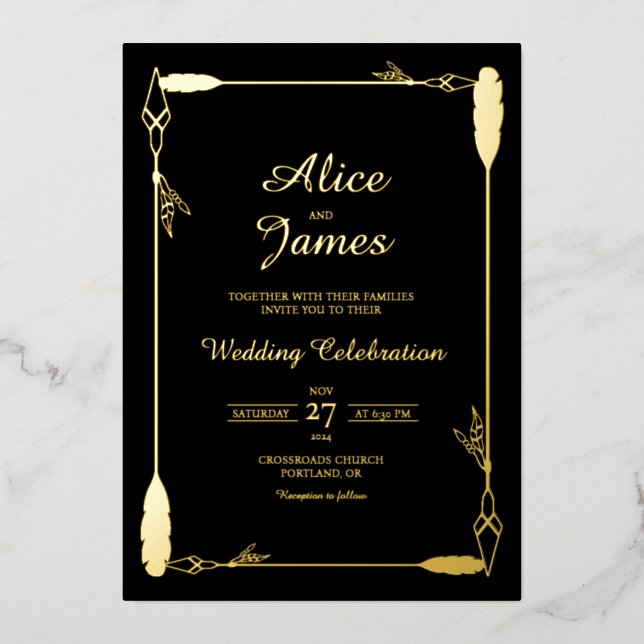 Rustic Boho Arrow Elegant Black Gold Foil Wedding Invitation (Front)