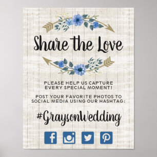 Rustic Boho Arrows & Floral Wedding Hashtag Photo Poster