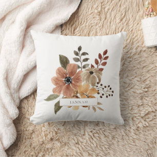 Rustic Boho Autumn Floral Watercolor Name Throw Pillow