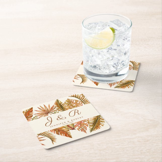 Rustic Boho Autumn Foliage Monogram Wedding Square Paper Coaster (Insitu)
