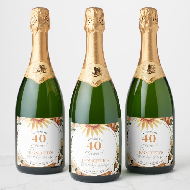Rustic Boho Autumn Sunflower 40th Birthday Party   Sparkling Wine Label (Bottles)