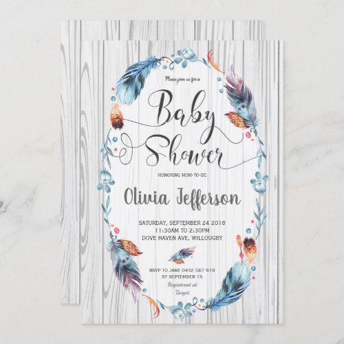 Rustic Boho Baby Boy Shower Tribal Feathers Invitation