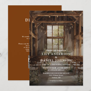 Rustic Boho Barn String Lights QR Code Wedding Invitation