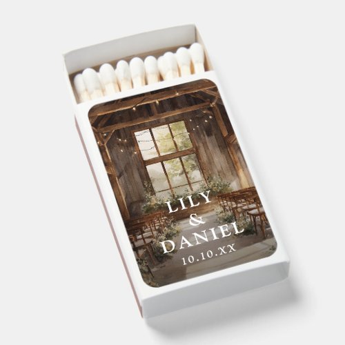 Rustic Boho Barn String Lights Wedding Favor Matchboxes