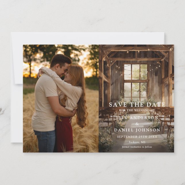 Rustic Boho Barn String Lights Wedding Photo Save The Date (Front)