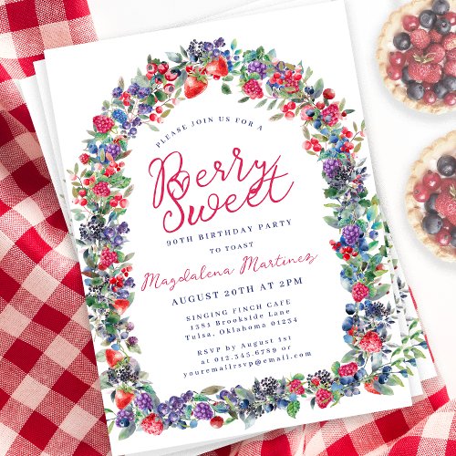 Rustic Boho Berry Arch Summer 90th Birthday Invitation