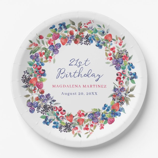 Rustic Boho Berry Summer 21st Birthday Custom Paper Plates (Front)