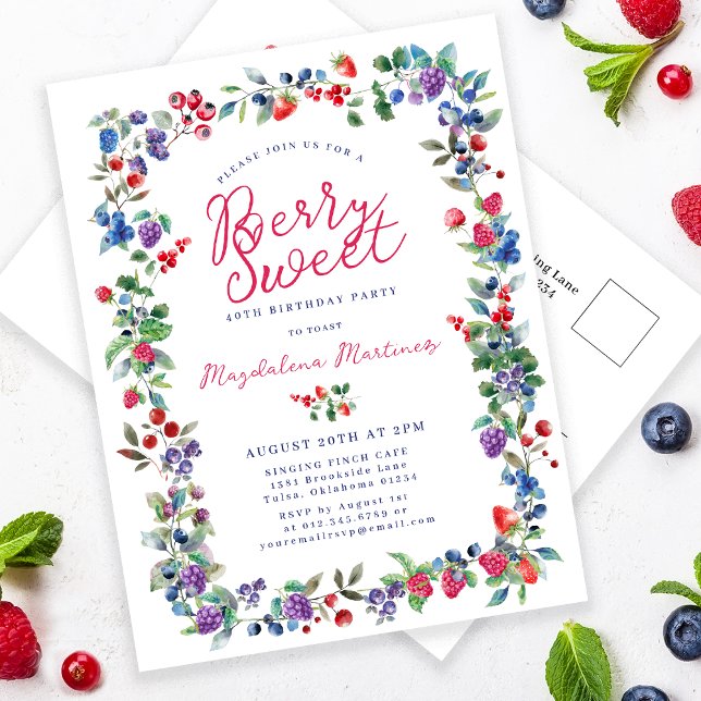 Rustic Boho Berry Sweet Summer 40th Invitation Postcard (Creator Uploaded)