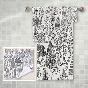 Rustic Boho Black and White Tree Pattern Bath Towel Set