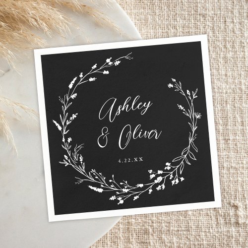 Rustic Boho Black White Wildflower Floral Wedding Napkins