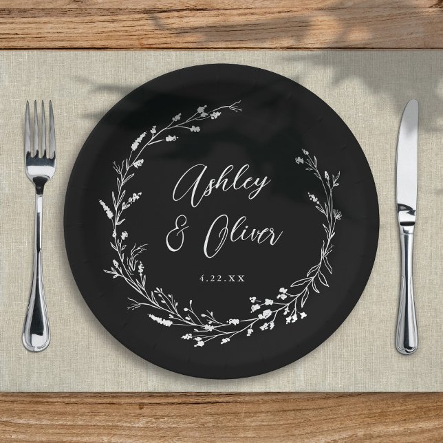 Rustic Boho Black Wildflower Botanical Wedding Paper Plates (Creator Uploaded)