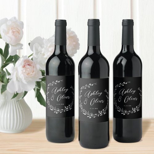 Rustic Boho Black Wildflower Wreath Wedding Wine Label