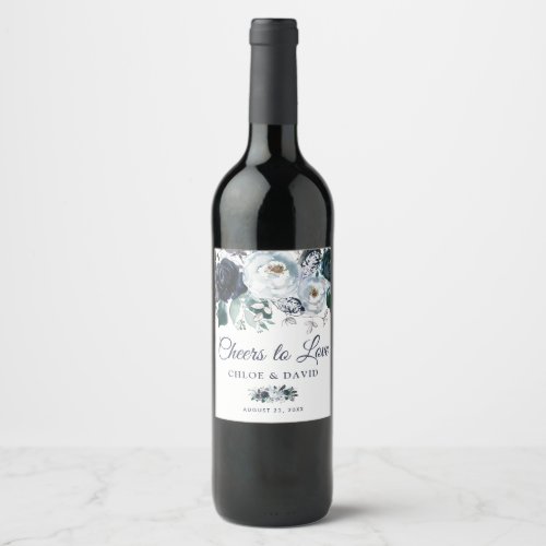 Rustic Boho Blue Floral Cheers to Love Wine Label - Watercolor boho navy & white wine labels featuring a classic white background that can be changed to any color, a rustic floral display, feathers, and an elegant cheers to love template.